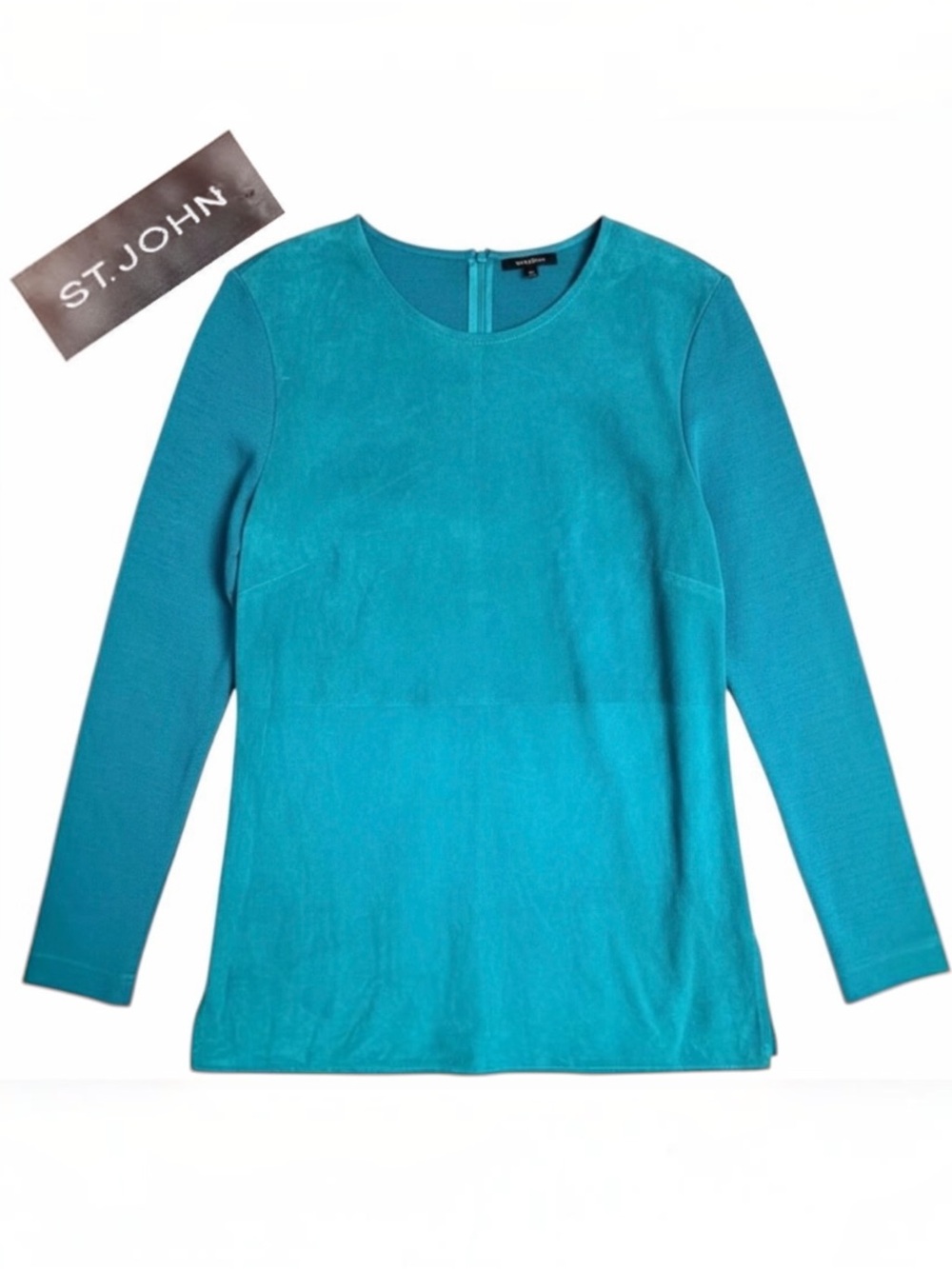 St. John Teal Suede Front Wool Blend‎ Knit Top Size 6 Designer Luxury